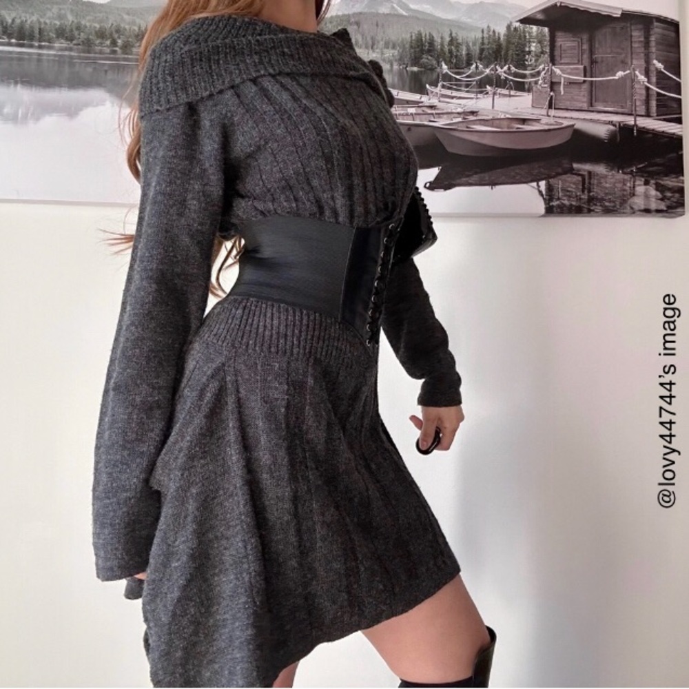 Vintage 90s Foldover neckline knit grey whimsigoth chunky sweater dress